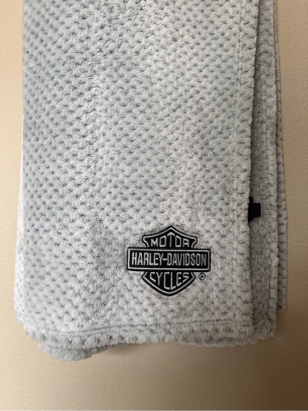 Harley-Davidson Gray Plush Blanket with Orange Logo Tag